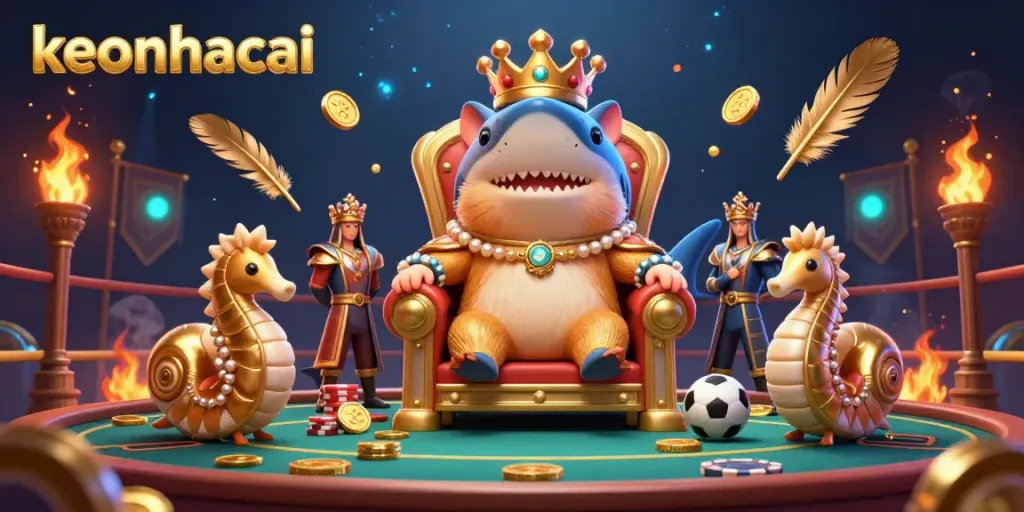 Experience the excitement of sports betting with keonhacai, featuring vibrant gambling-themed elements and the golden hamster king in a dynamic 3D illustration.