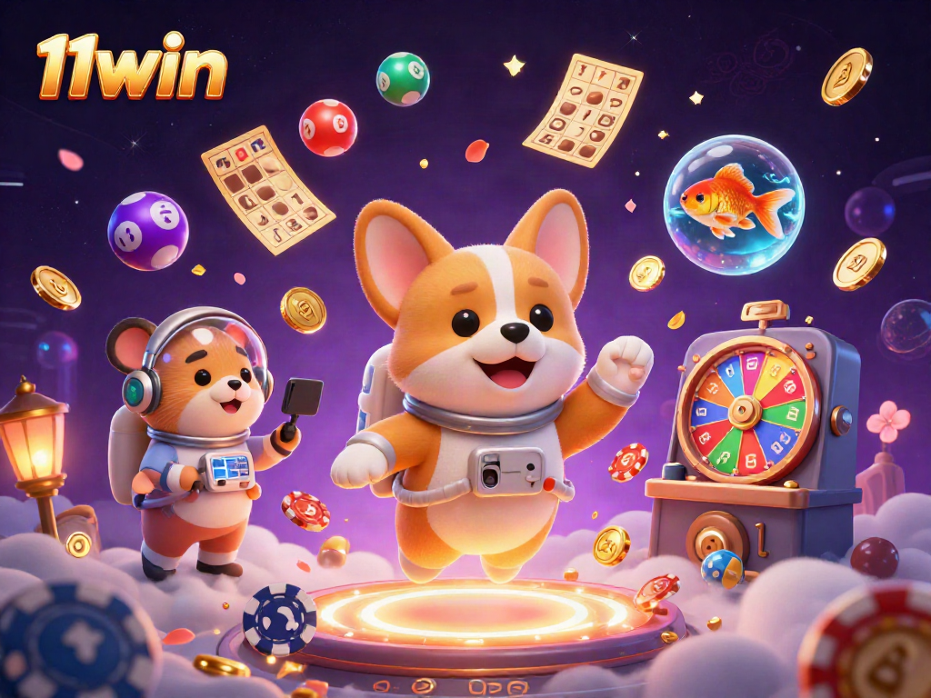 This illustration captures the excitement of playing at 11win with a floating corgi and colorful casino elements.