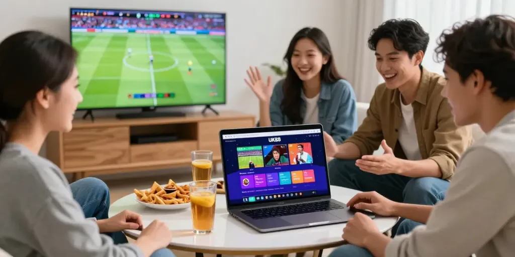 Friends enjoying online betting on UK88 with snacks and a live sports match.