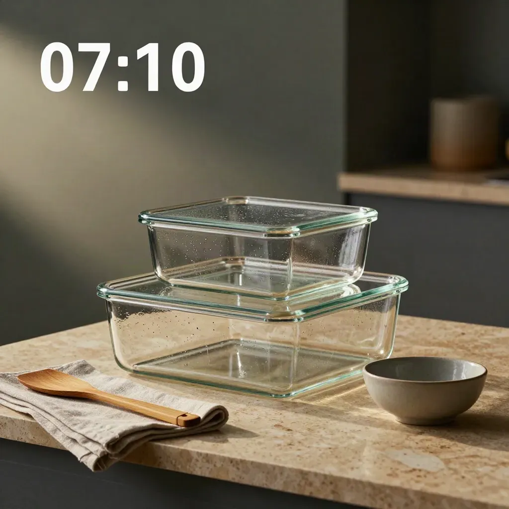 Cam kapaklı üçlü saklama seti, bambu spatula ve keten peçete ile sabah ışığında.