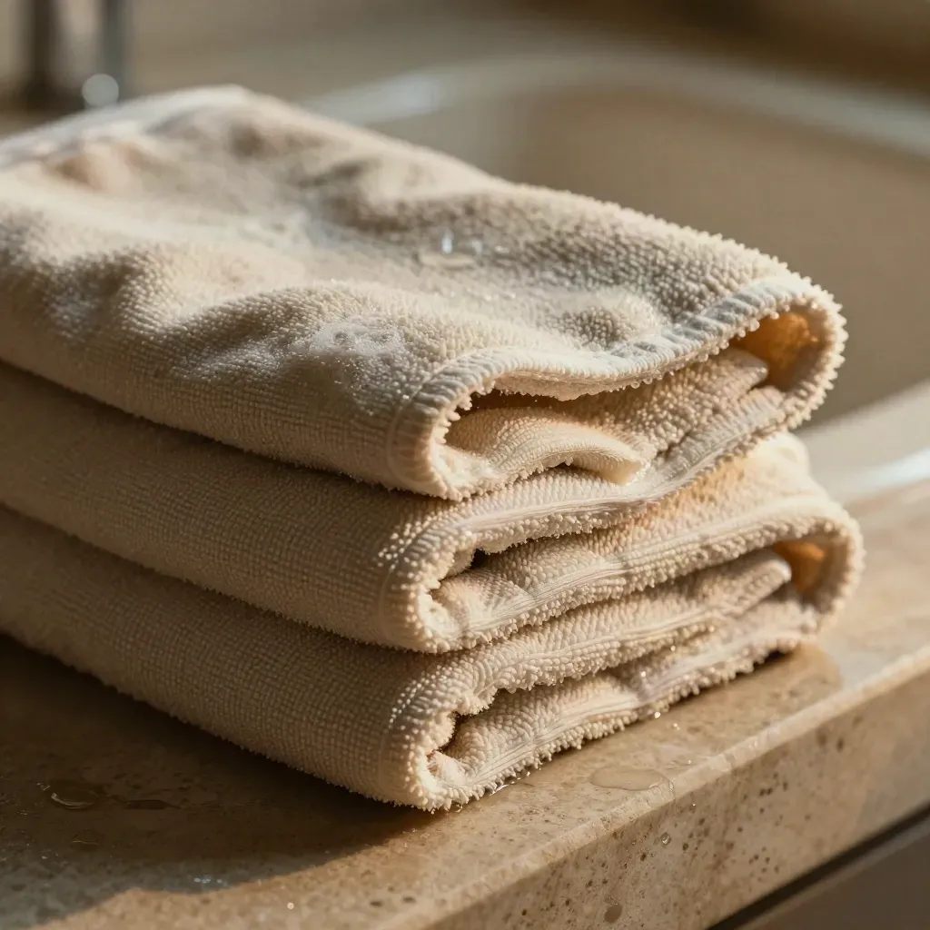Nemli dokulu mikrofiber bez paketi, su izi ve sabun köpüğü kalıntısıyla yakın plan.