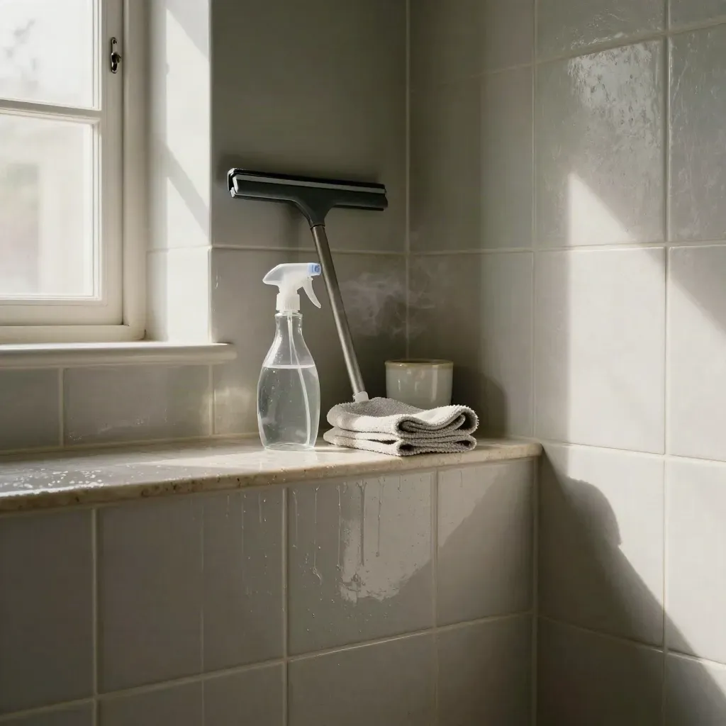 Fayanslı banyo nişinde temizlik ürünleri, açık pencere ışığı ve buharlı sakinlik.