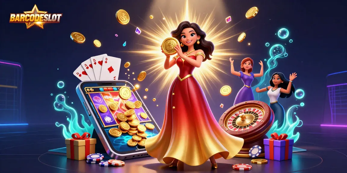 Engage with BARCODESLOT's captivating 3D illustration showcasing thrilling slot games and winning moments