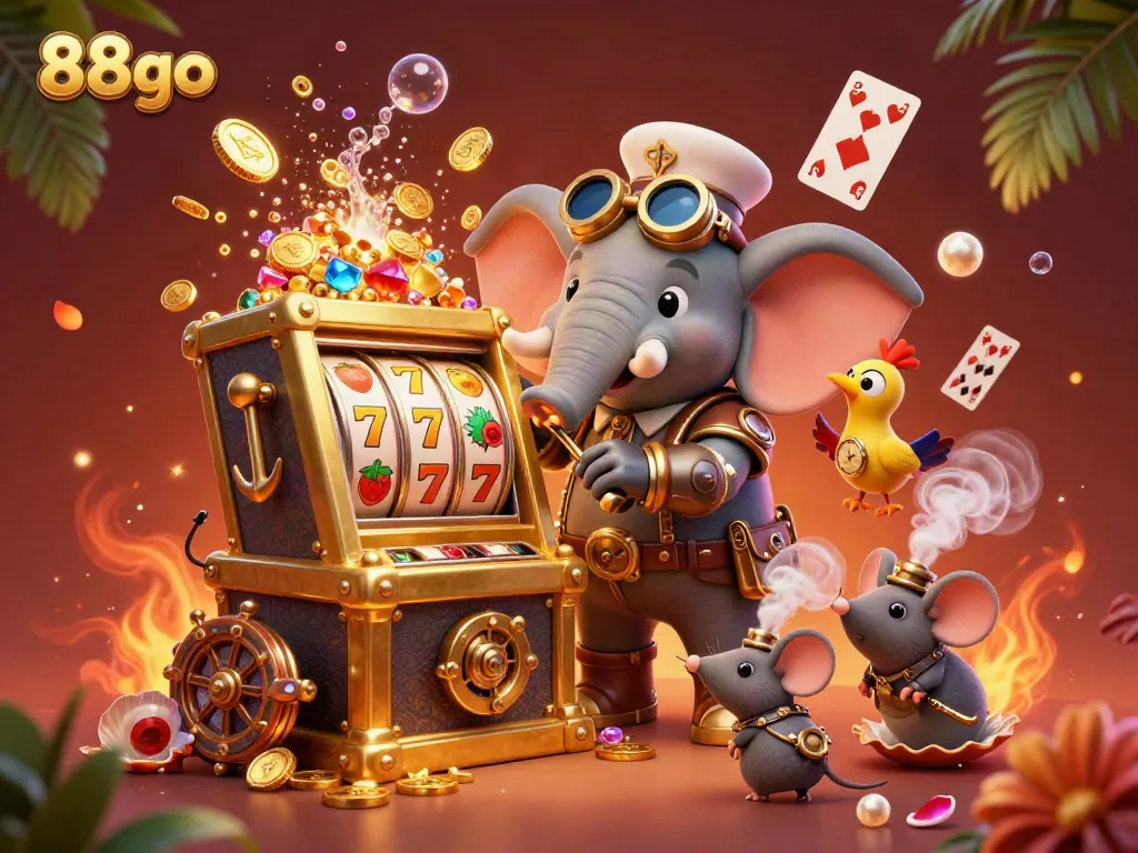 Engage with vibrant slots action featuring the 88go steampunk elephant at a golden machine.