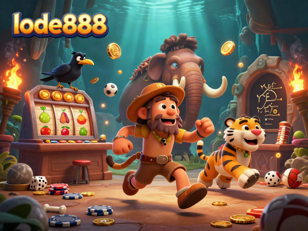 Engage in thrilling action with lode888 at this vibrant, detailed prehistoric casino scene.