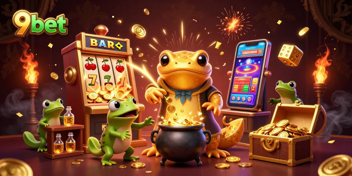 Engage in thrilling casino magic with 9bet's enchanting alchemist scene featuring gold coins and treasures.