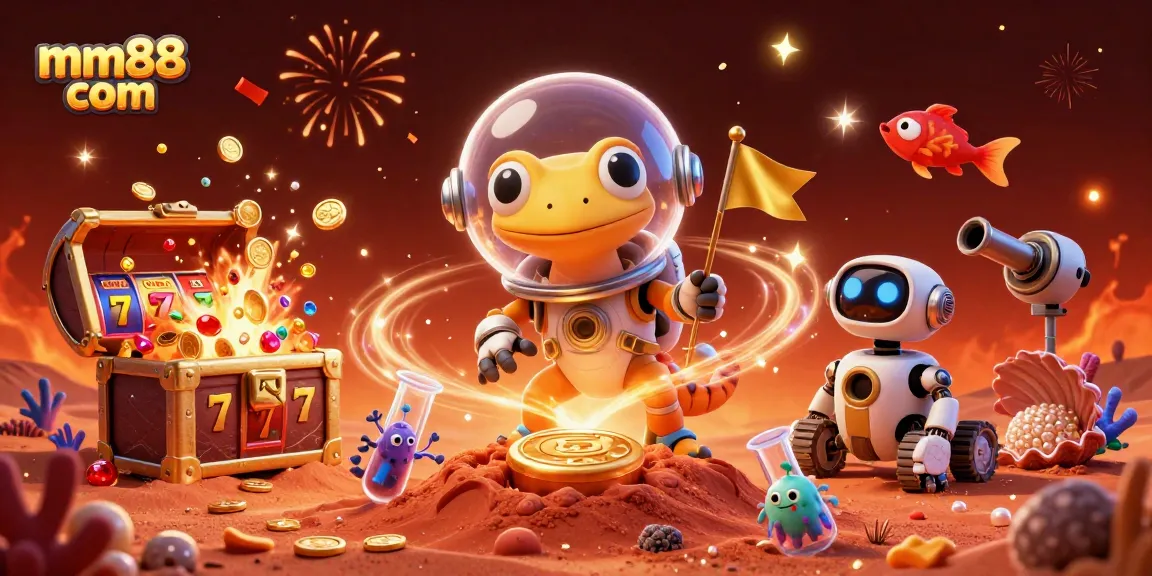 Engage with mm88 com in an exciting casino scene featuring a Martian gecko and golden treasures.
