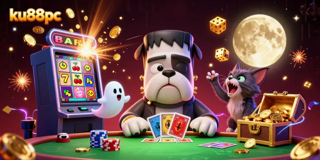 Engage with luck at ku88pc featuring a fun 3D casino scene with inventive characters and vibrant gaming elements.