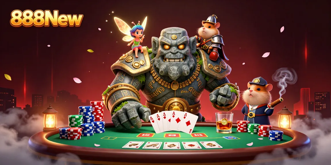 Engage with the magical world of 888New while witnessing an intense poker game in a vibrant 3D illustration.