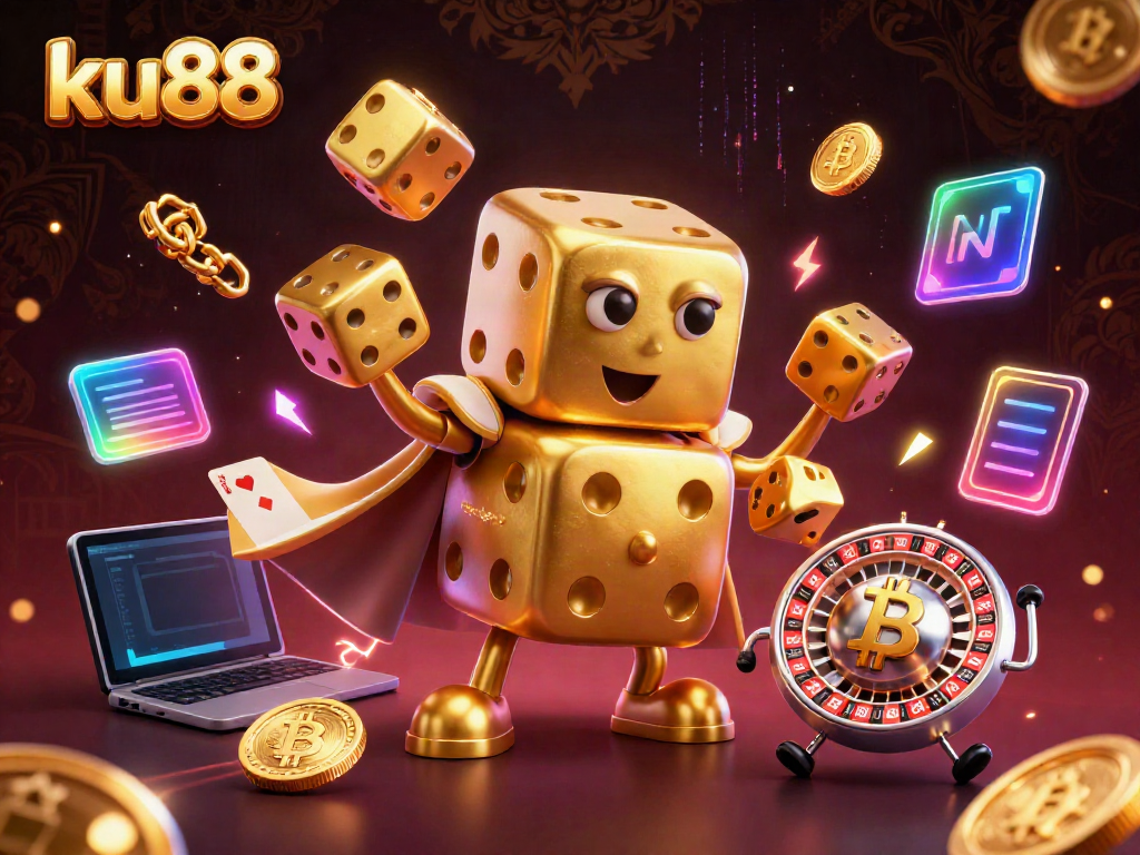 ku88's vibrant 3D casino scene showcasing golden dice and crypto elements, capturing gaming excitement.