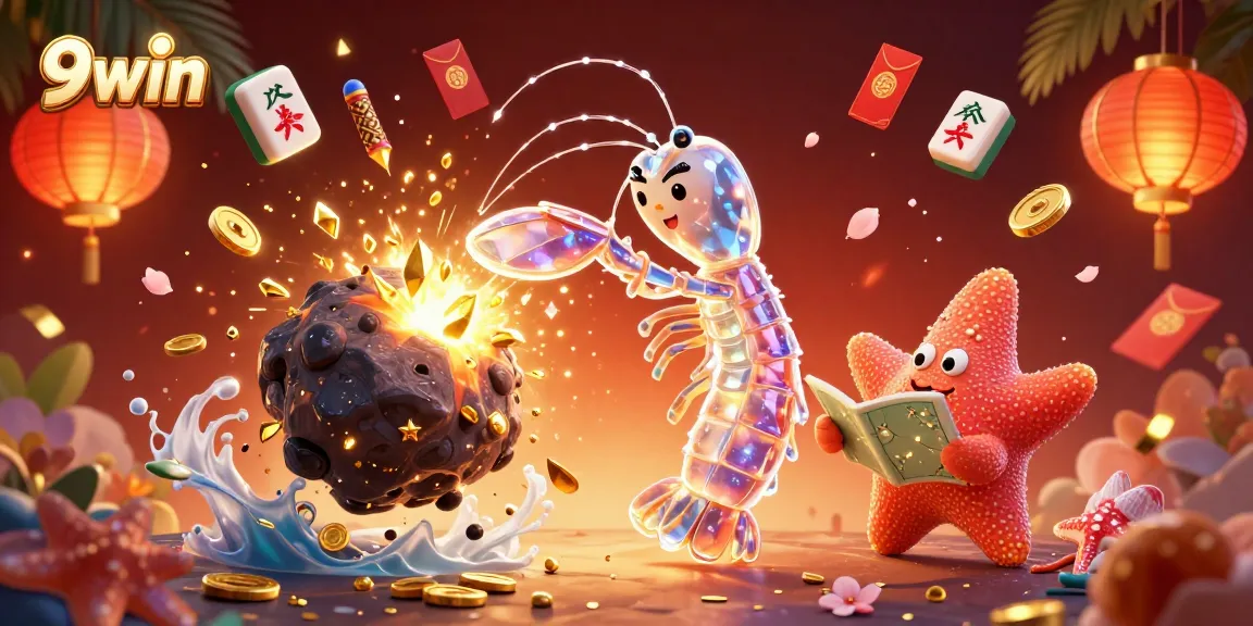 9win gaming fantasy scene showcasing a samurai mantis shrimp and starfish amidst vibrant gambling elements.