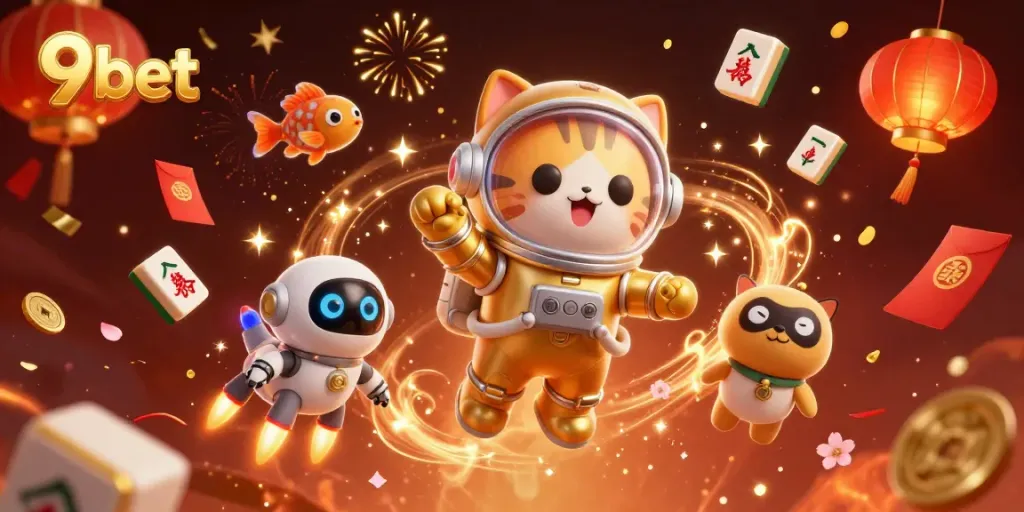 Betting in a vibrant 9bet themed universe with engaging casino elements floating dynamically.