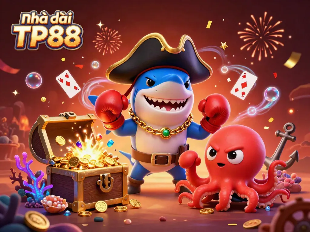 Engaging scene with Nhà cái TP88 characters celebrating casino wins under the sea, rich with treasure and games.
