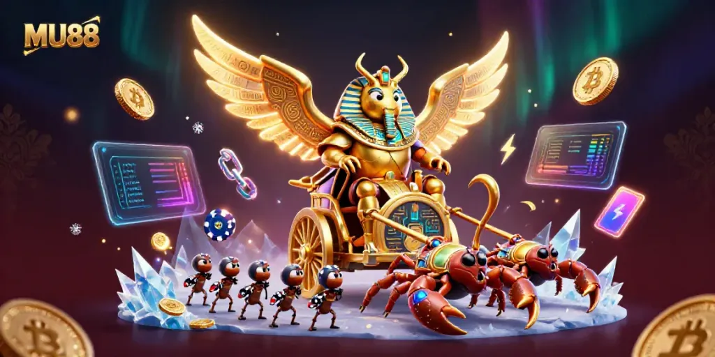 MU88 features a golden scarab beetle amidst vibrant gambling elements, showcasing excitement and luxury.