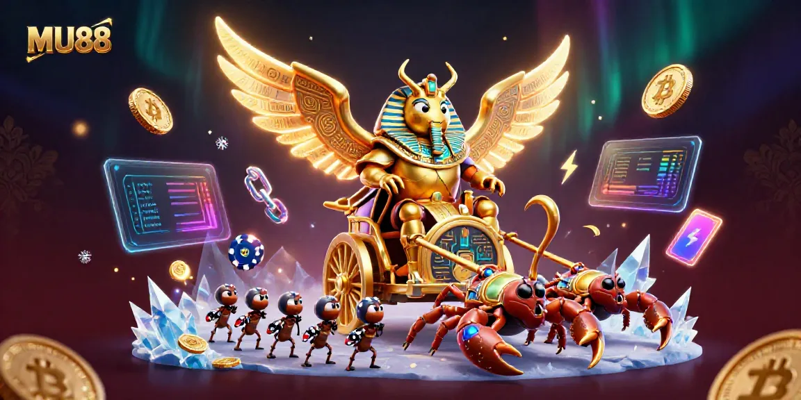 MU88 features a golden scarab beetle amidst vibrant gambling elements, showcasing excitement and luxury.
