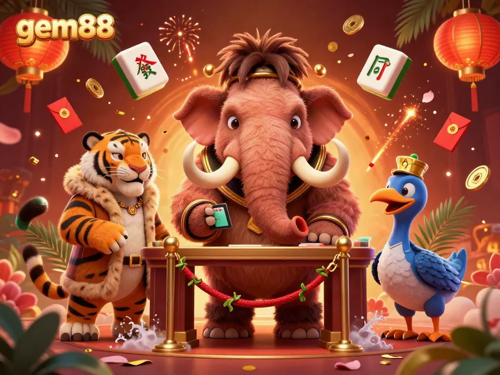 Experience the vibrant nightlife at gem88 featuring a woolly mammoth bouncer, saber-tooth guest, and dodo doorman in a bustling casino.