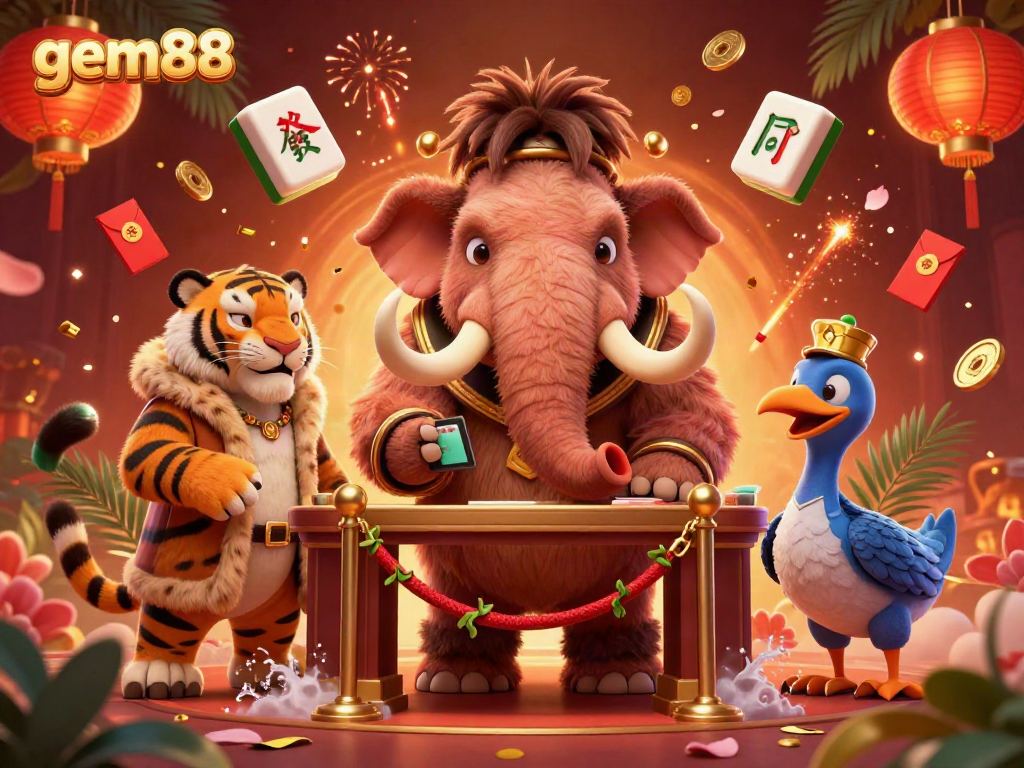 Experience the vibrant nightlife at gem88 featuring a woolly mammoth bouncer, saber-tooth guest, and dodo doorman in a bustling casino.