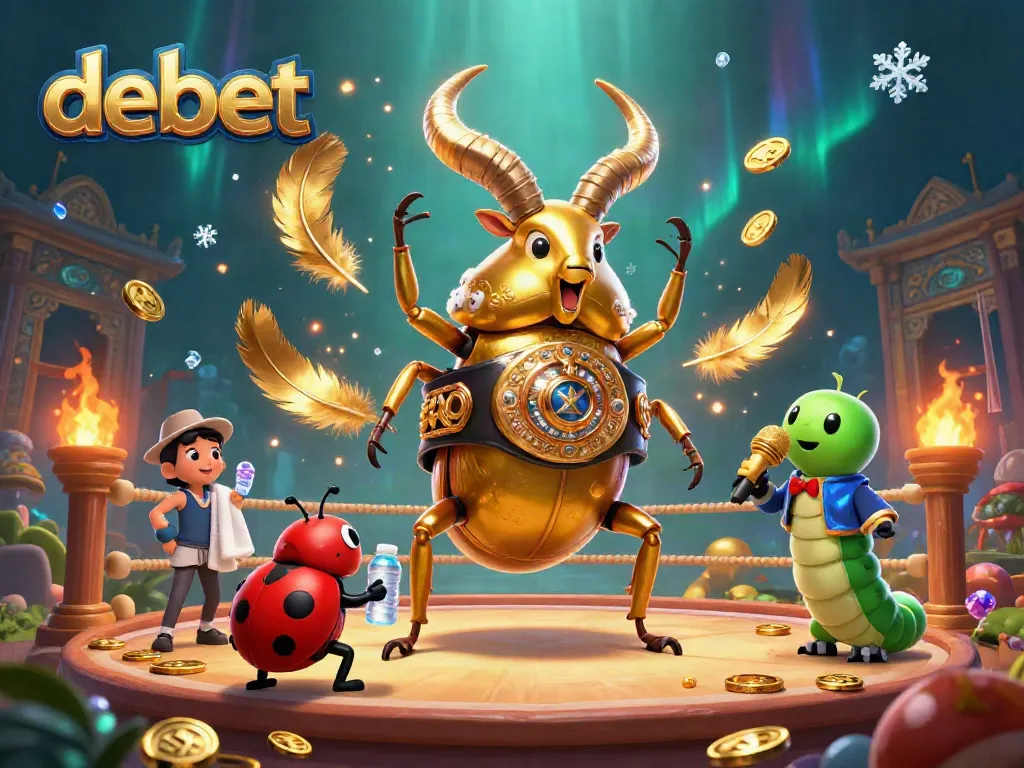 Bet on debet's winning matches illustrated by a 3D golden stag beetle boxing champion.