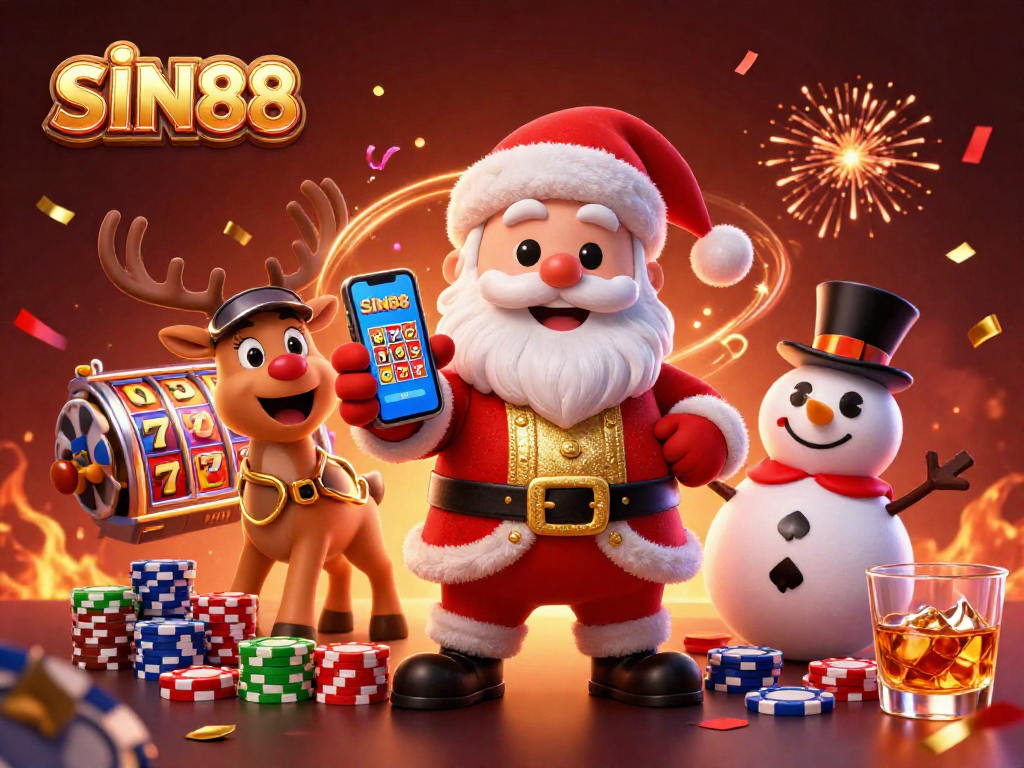 SIN88 brings excitement to life with Santa, his reindeer, and a snowman in a vibrant casino scene.