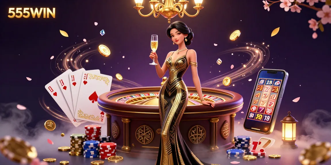 Play and win with 555WIN at a glamorous casino scene featuring a stunning Asian woman and dynamic game elements.