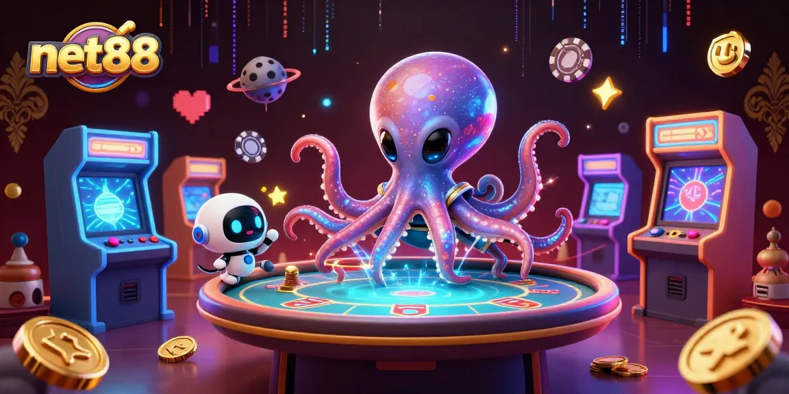 Join the 3D alien octopus at net88 for an exciting poker game with floating chips!