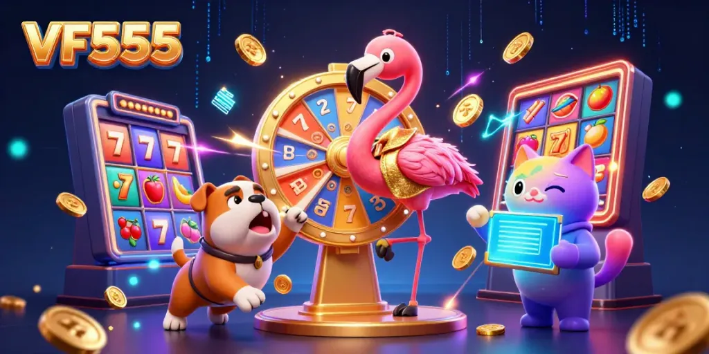 Experience thrills at VF555 with a lively scene of gambling excitement featuring vibrant slots and animated characters.