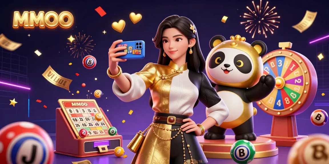 Join the vibrant MMOO game experience, featuring an Asian woman and golden panda with casino elements.