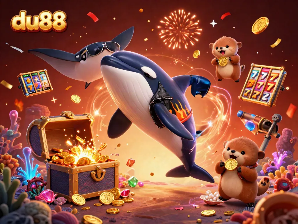 Engaging 3D scene of du88 showcasing an orca, stingray, and otters celebrating with gold coins in a vibrant underwater casino setting.