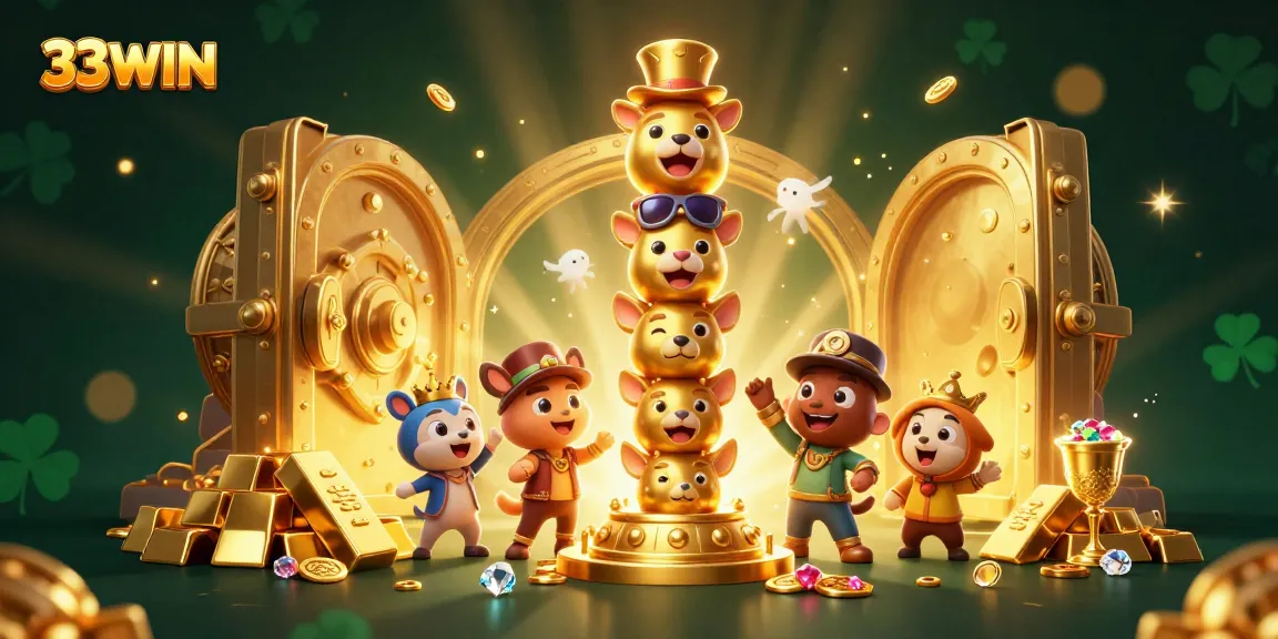 Spin jackpots with 33WIN's golden treasures and dynamic casino characters in an enchanted scene