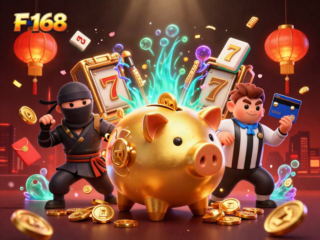 Experience the thrill of F 168 with energetic casino fun featuring a piggy bank sumo wrestler!