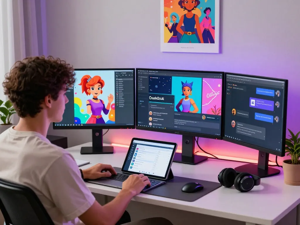 Experience Crushon with interactive AI character chats in a modern tech workspace.