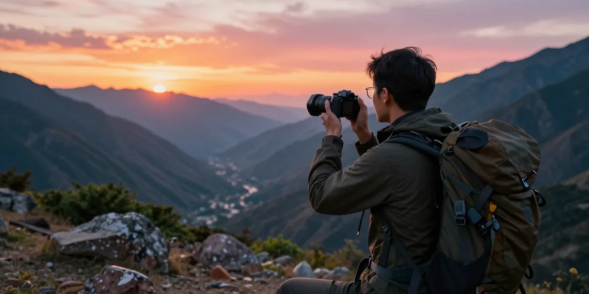 Traveler capturing views at mountain overlook with rokok88 gear during sunset