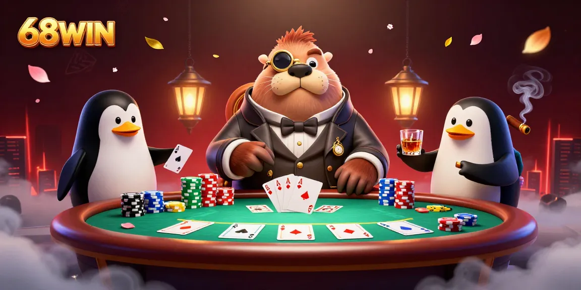Experience high-stakes poker action with 68WIN featuring a walrus, pufferfish, and penguin in dynamic scene.