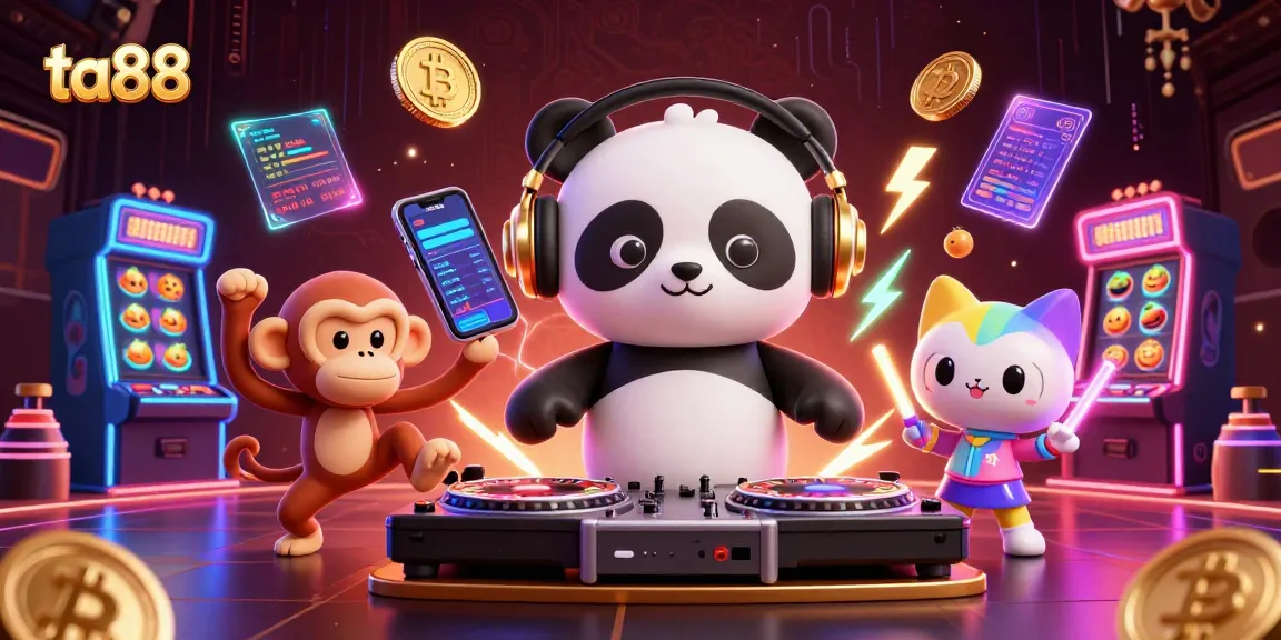 Spin to win with ta88 in a vibrant 3D crypto casino illustration featuring engaging characters.