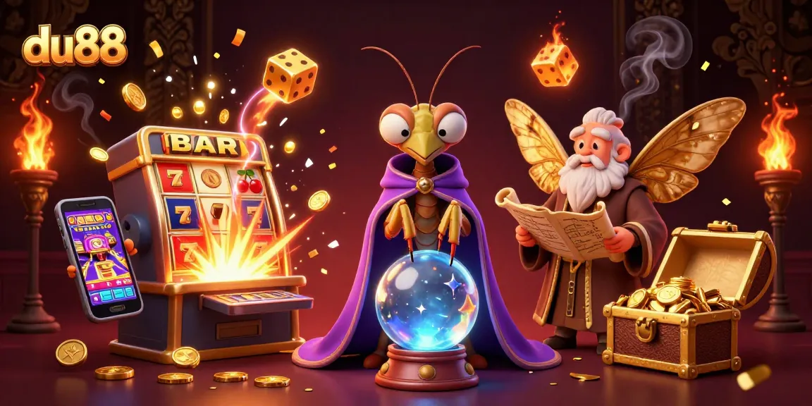 Engage with du88's vibrant 3D illustration featuring a fortune teller, librarian, and magical casino elements.