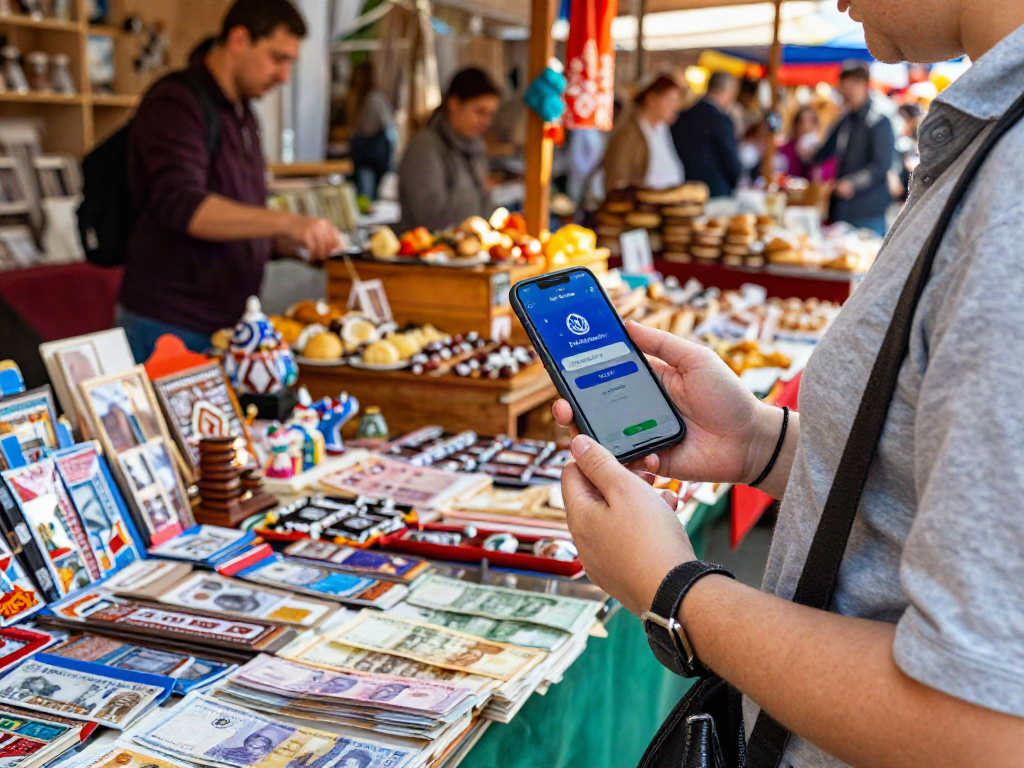 https://payinrussia.com/ ile bir pazarda alışveriş yapan turistin canlı görüntüsü.