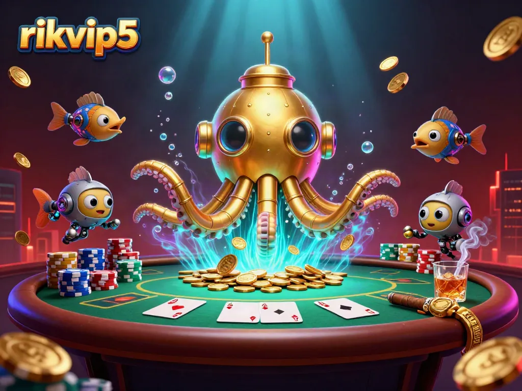 Engage with the excitement of rikvip5, featuring a golden kraken submarine amidst poker elements.