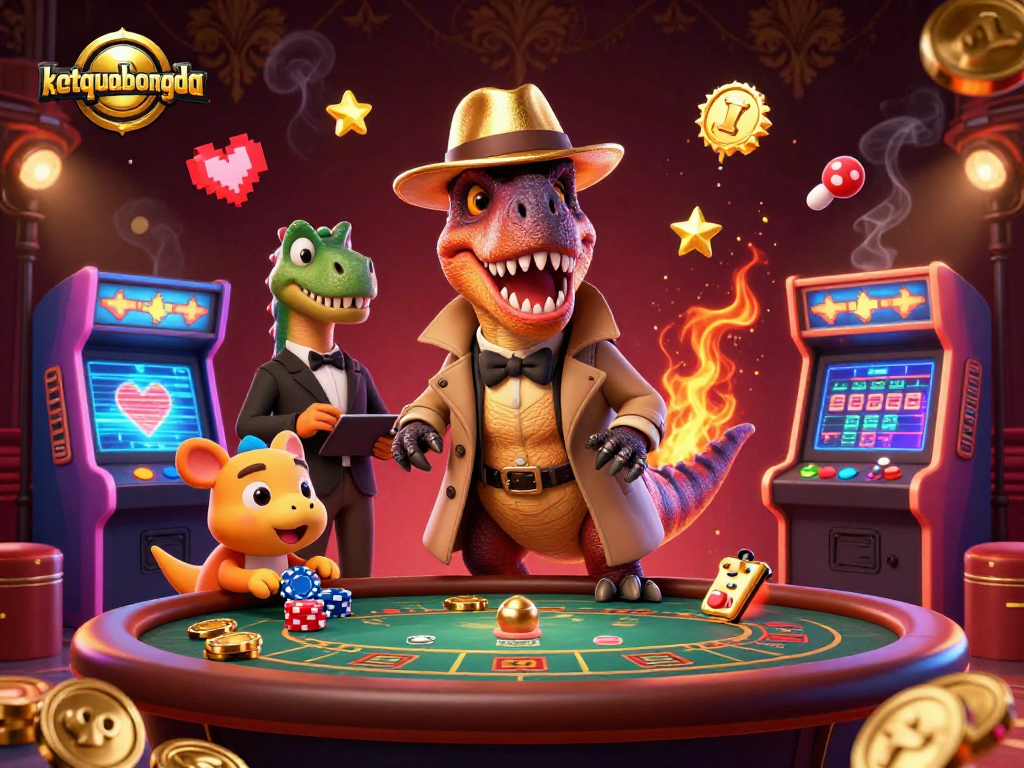 Experience ketquabongda at the blackjack table with cleverly animated dinosaurs in a vibrant casino backdrop.