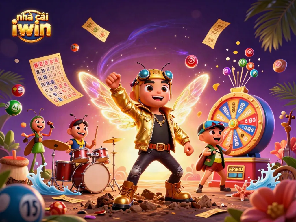 Engage with nhà cái iwin's vibrant casino scene featuring lottery balls and a lively 3D illustration.