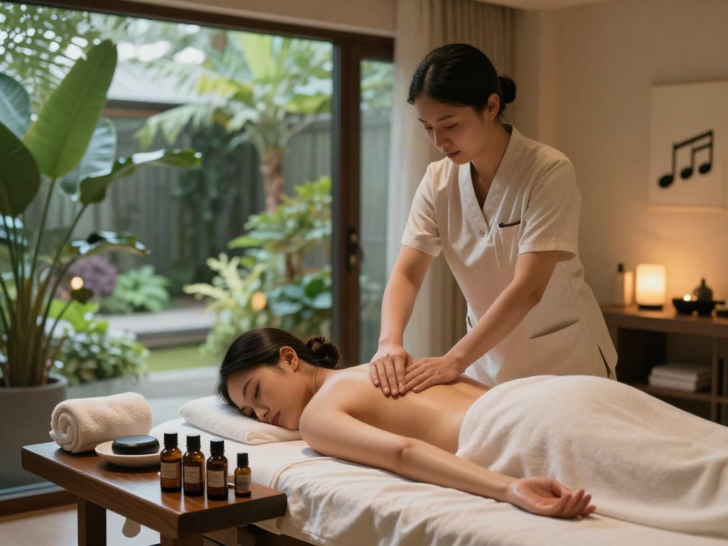 인천출장 massage therapy session in a luxurious spa setting, featuring essential oils and a tranquil atmosphere.