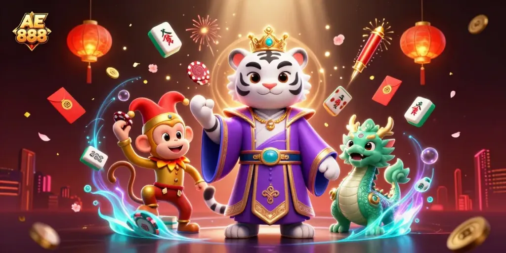 Engage with AE 888's vibrant scene featuring a white tiger, golden monkey juggling poker chips, and a jade dragon amidst casino-themed elements.
