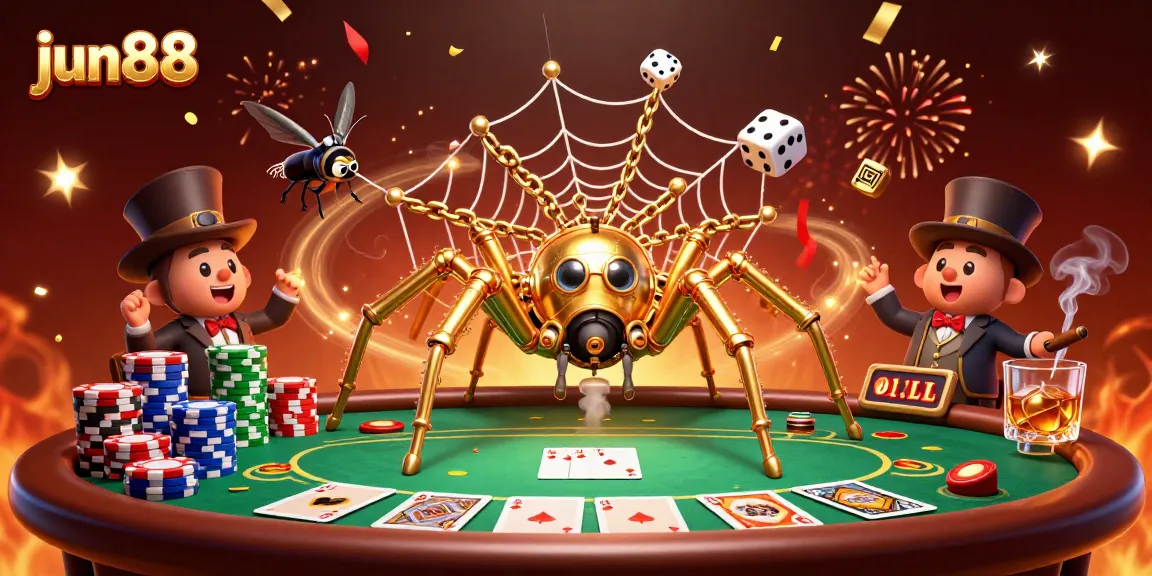 Engage in thrilling gameplay with jun88's steampunk spider and poker elements in an enchanting casino scene.