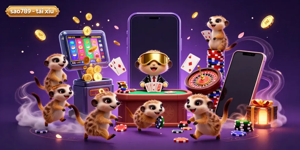 Experience the excitement of sao789 - tài xỉu with meerkats running an elaborate casino in this vibrant digital illustration.