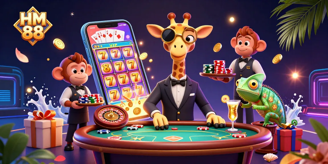Experience the exciting world of HM 88 with an animated giraffe at a luxurious poker table.