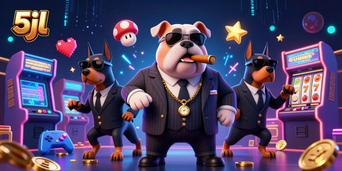 Engage in 5jl casino thrills with a 3D mafia bulldog boss amid vibrant slot game elements.