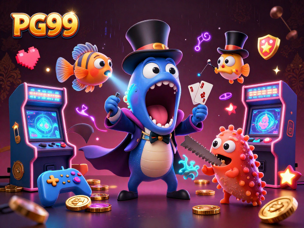 Experience PG99's thrilling magic act with a bioluminescent eel and anglerfish in an exciting casino scene.
