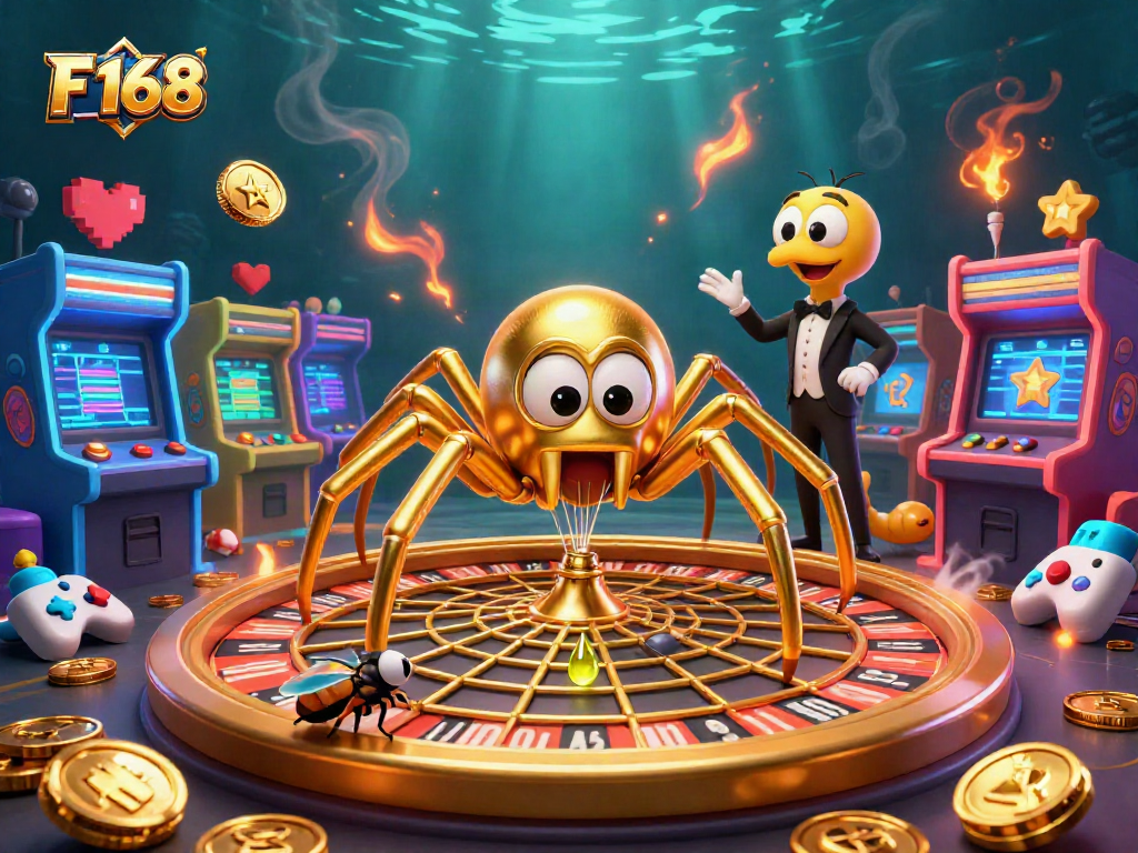 Spin the roulette wheel with F 168 as the golden spider and centipede croupier engage in a vibrant casino scene.