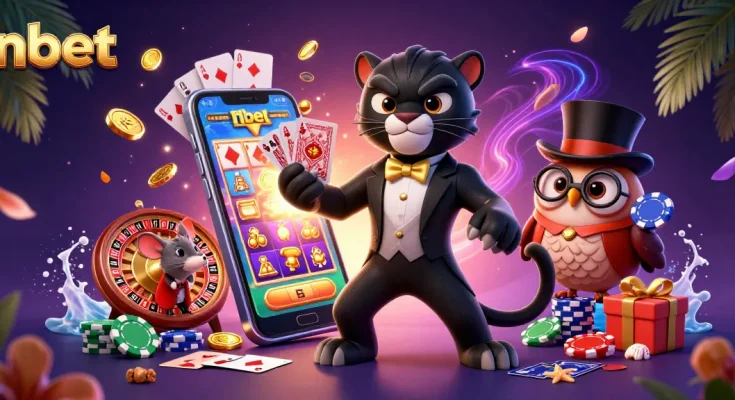 nbet showcases a vibrant casino scene with a panther, owl, and mouse amid playful gaming elements.