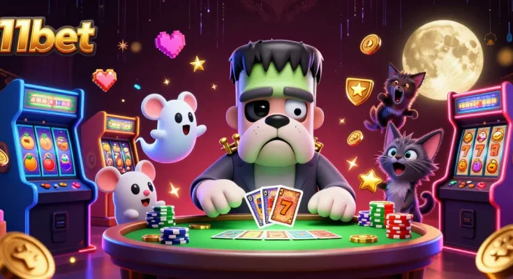 11bet portrays a lively monster casino scene, featuring vibrant characters and casino elements.