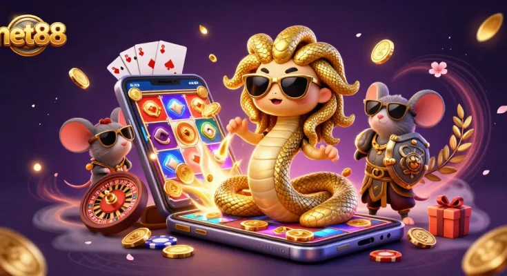 Experience the excitement of net88 with cute Medusa and a warrior mouse in a vibrant casino scene.